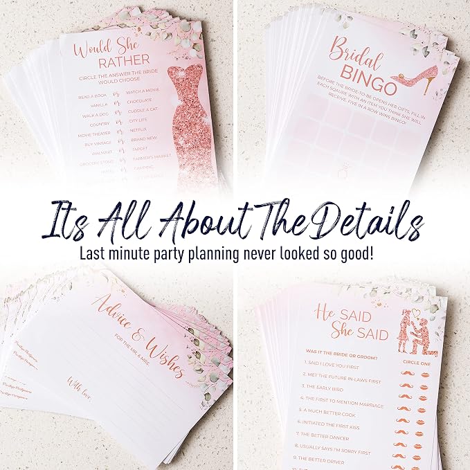 Prestige Bridal Shower Games (32 Guests) | 5 Wedding Games, Rose Gold Decorations Greenery Theme, Would She Rather, He Said Bingo, Rustic Advice Cards, Emoji Favors Prizes Decor (32 Set)