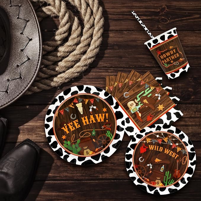 Recheel Western Birthday Party Supplies Decorations, Cowboy Wild West Theme Birthday Paper Plates and Napkins Set with Cups and Straws for 24 Guests, 120 Pcs Disposable Party Dessert Dinnerwares