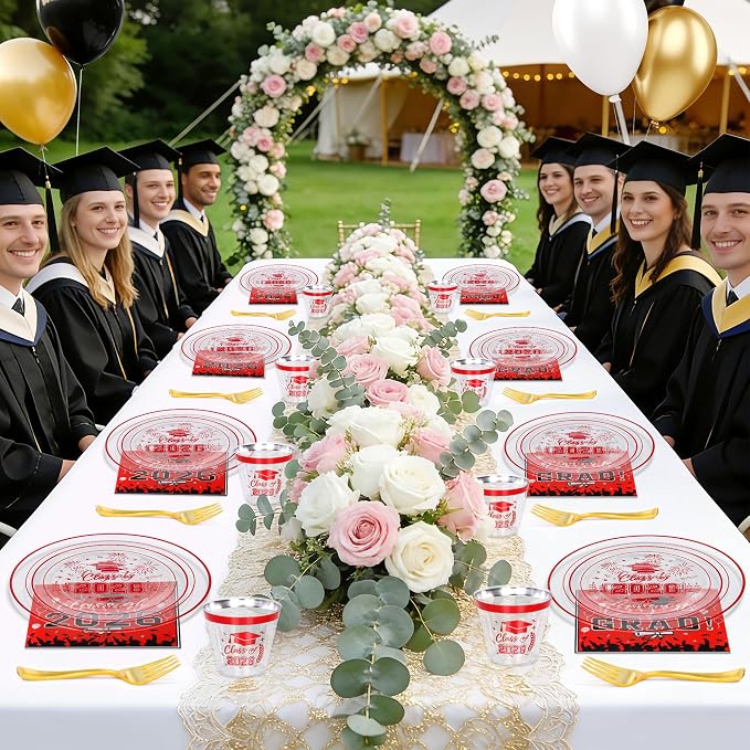 150 Pcs 2026 Graduation Plastic Plates with Disposable Silverware Serves 30 Guests, Red Clear Graduation Disposable Plates Including 30 Dinner&Dessert Plates, Cups, Napkins, Gold Forks for Party