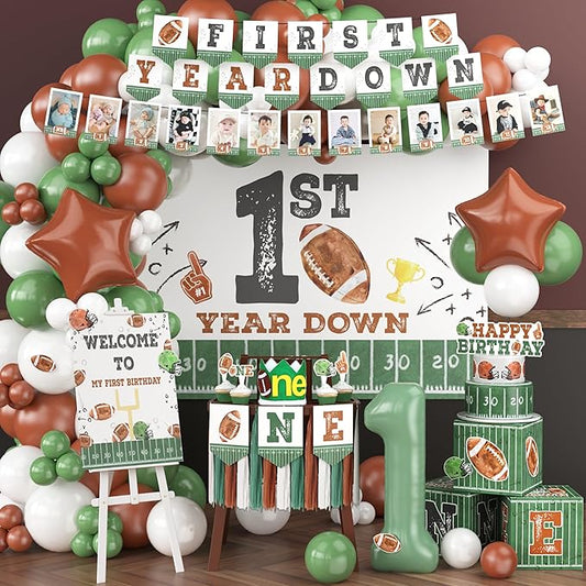 First Year Down Birthday Party Decorations, 1st Birthday Decorations Boy Includes Banner Backdrop Boxes High Chair Banner Cupcake Topper, Football Party Supplies