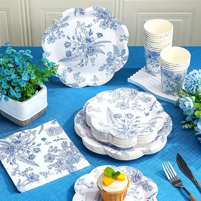Newtay 250 Pcs Blue Floral Disposable Plates and Napkins Blue and White Floral Paper Tableware Set for 50 Guests Paper Plates Napkins Cups for Wedding Bridal Shower Party Supplies