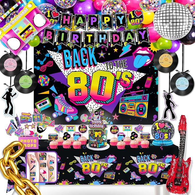 Premium 80s Party Decorations, Back to the 80s Birthday Party Decorations with Fabric Backdrop, Tattoos, Balloon Garland, Banner, Table Decor, Photo Props, Cake Toppers for Birthday Party, and More
