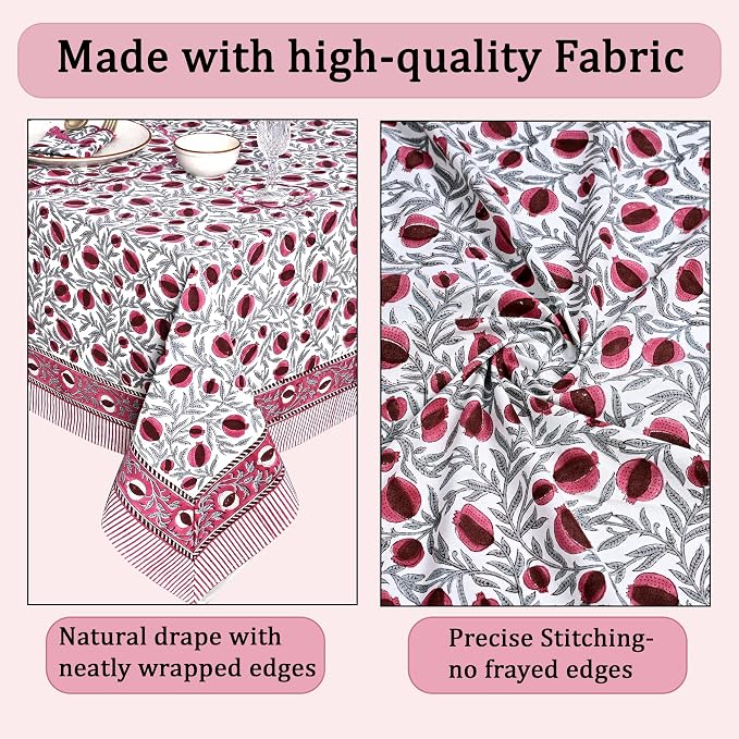 Ridhi Sangria Red Hand Block Print Cotton Rectangle Tablecloth 140" x 72" inches Reusable Table Cover Decorative Everyday Use for Dining Room, Farmhouse, Home Gift for Spring, Mother's Day