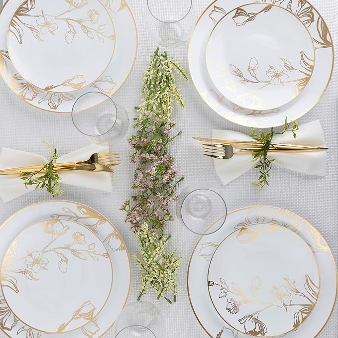 PLASTICPRO 64 Piece Combo Plates Set includes 32 7'' inch Plates & 32 10'' inch Plates White Plastic Floral Design Party Plates With Gold Rim, Premium Elegant, Disposable, Tableware, Dishes,