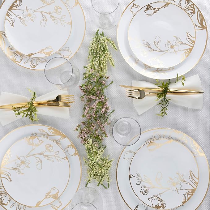 PLASTICPRO White Plastic Design Party Plates Premium heavyweight Elegant Disposable Tableware Dishes (128, Gold Floral)