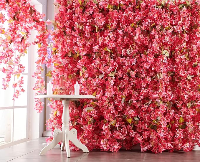 PONKING Flower Garland, Artificial Hydrangea Vine Flowers, Hanging Fake Hydrangeas Vine for Room Anniversary Wedding Birthday Christmas Wall Arch Decor, 2 Pcs, Floral Garland, Dark Pink Flower