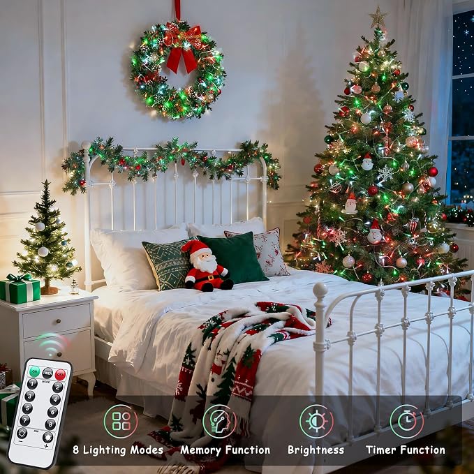 JMEXSUSS 2 Pack Red White and Green Christmas Lights Battery Operated, Each 33ft 100 LED Battery String Lights with Remote, Christmas String Lights for Tree Bedroom Porch Garland Yard Xms Decor