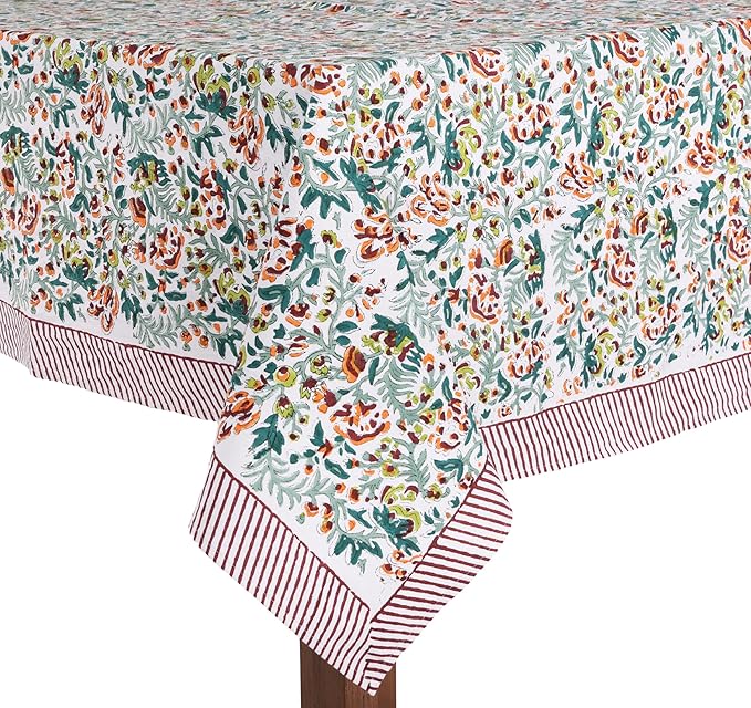 ATOSII Ambrosia Green Floral 100% Cotton Rectangle Fall Tablecloth, Handblock Print Linen Table Cloth for Kitchen Dining I Parties, Weddings, Outdoors, Christmas, Thanksgiving Decor 60 X 90 Inches