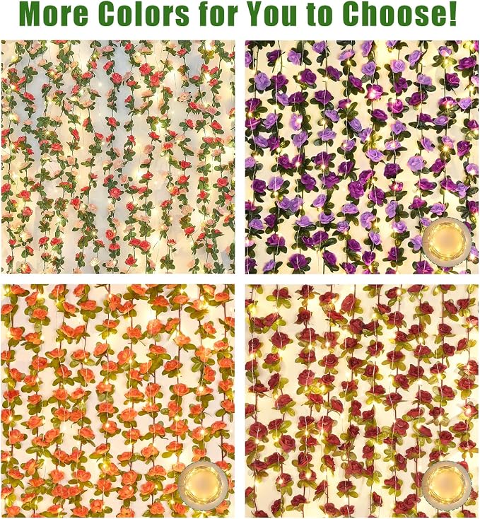 BLEUM CADE 5Pcs 41Ft Flower Garland Artificial Rose Vines with 32.8Ft String Lights, Cute Fake Hanging Flower Vines Floral Garland Decorations for Wedding Party Wall Room Decor Aesthetic