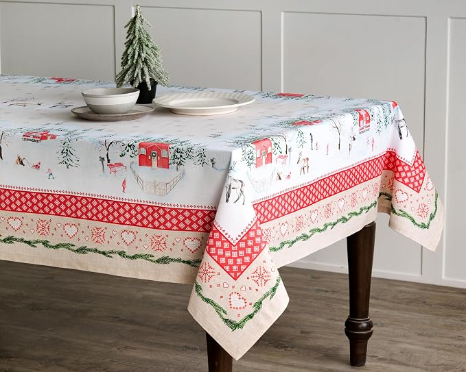 Maison d' Hermine Table Cloth Rectangle Table 100% Cotton 60 x 108 Inches Fall Tablecloth Reusable Everyday Use for Thanksgiving Christmas Decorations Dining Farmhouse Party (Rural Christmas)