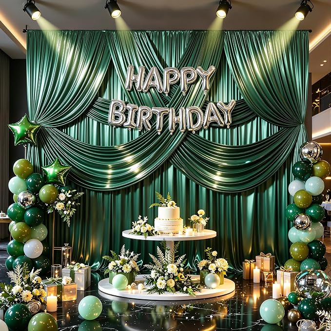 40x10ft Dark Green Glitter Backdrop Curtain for Parties, Wrinkle Free Satin Photo Backdrop Drapes 8 Panels 5x10FT Shimmer Back Drop Cloth for Wedding Birthday Baby Shower Photography Background Decor