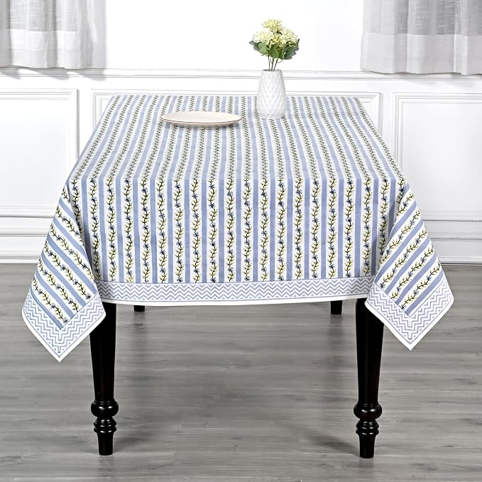 Ridhi Blue Meadow Vine Block Print Cotton Rectangle Tablecloth 90" x 60" Reusable Table Cover Decorative Everyday Use for Dining Room, Farmhouse, Home Gift for Spring, Mother's Day