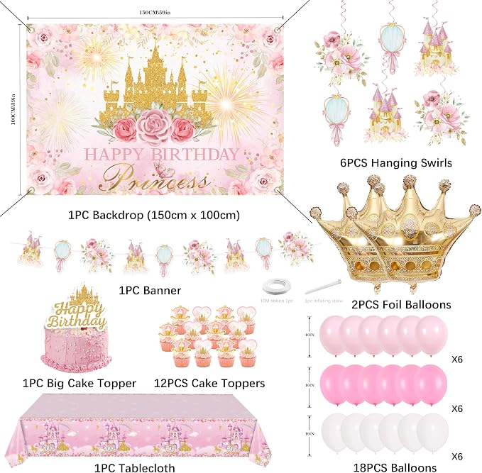 Happy Birthday Decorations For Women Men,Birthday Backdrop,Banner Balloons,Table Cloth,Paper pom poms Party Supplies for Girls Boys (Princess)