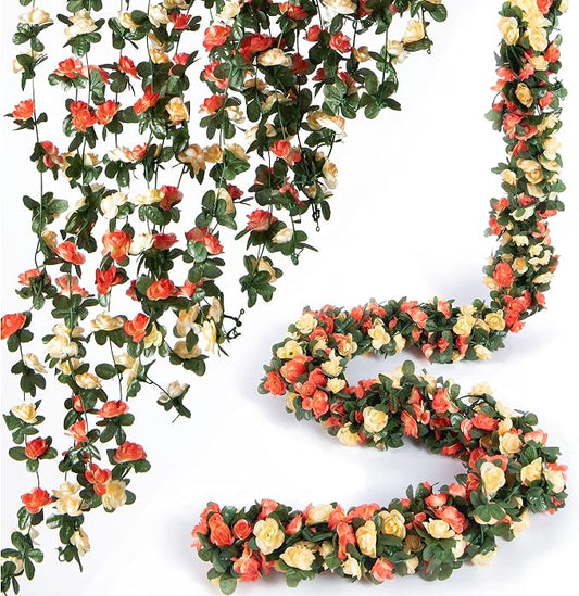 PONKING 8 Pcs x 8.2 ft Flower Garland Artificial Rose Vine Flowers with Green Leaves Hanging Fake Roses Vine for Room Party Home Wedding Birthday Christmas Wall Arch Decor, Champagne Flower