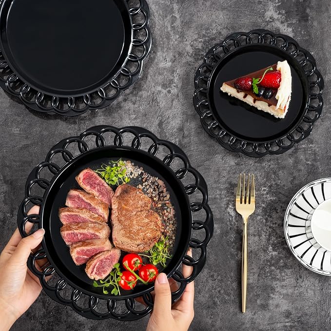 COLOSUS 60pcs Black Plastic Plates Set,Fancy Baroque Plates,Elegant Lace Rim Disposable Plates,Plastic Plate for Party include 30 Dinner plates and 30 Dessert plates for New Year,Party,Wedding