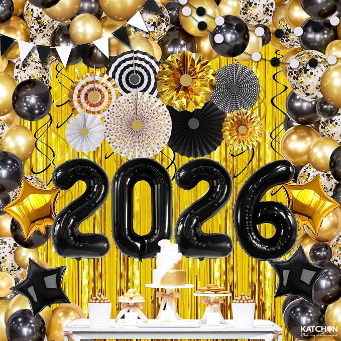 KatchOn, Happy New Years Decorations 2026 Black and Gold Set - Big Pack of 115 | Happy New Year Balloon Arch Kit | Black 2026 Balloons, Fringe Backdrop | New Years Eve Party Supplies 2026