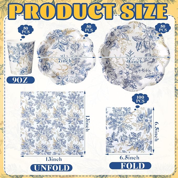 Newtay 250 Pcs Blue Floral Disposable Plates and Napkins Blue Gold Disposable Tableware Set for 50 Guests Paper Plates Napkins Cups for Wedding Bridal Shower Supplies