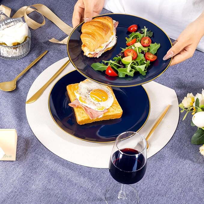 bUCLA 100PCS Blue Plastic Plates - Navy Blue Disposable with Gold Rim, Include 50 Each (10 inch Dinner & 7 inch Dessert) Plates, Ideal for Party & 4th of July