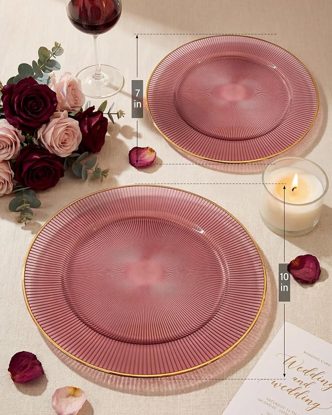 Hioasis 60pcs Burgundy and Gold Plastic Plates - Burgundy Disposable Dinnerware Set, 30pcs Dinner 10in & 30pcs Dessert 7in Plates with Striped Designs for Party & Wedding