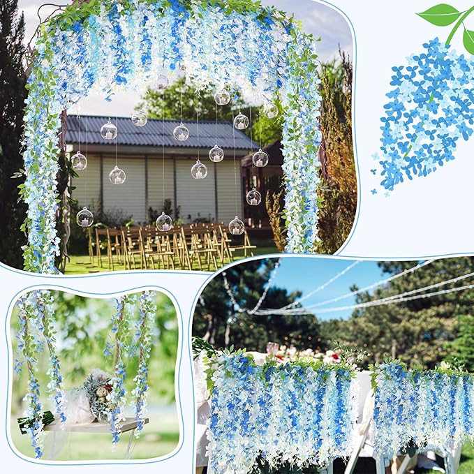 Thiccywoov 8pcs Wisteria Artificial Flowers Garland, 7.2Ft/Piece Wisteria Hanging Flowers Garland for Wedding Arch Decoration Outdoor Ceremony Home Backdrop Garden (Light Blue,Dark Blue,White)