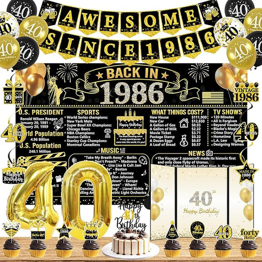 Trgowaul 40th Birthday Decorations for Men Women, 32PCS Back in 1986 Birthday Party Supplies, Vintage Black Gold Birthday Banner, 40th Birthday Alternative Signature Guest Book, Cheers to 40 Years Old
