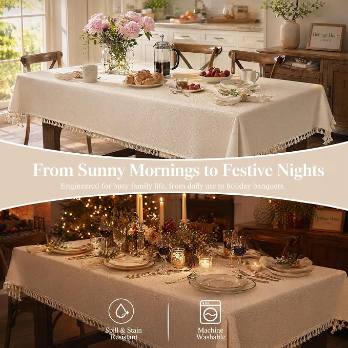 Beige Linen Tablecloth for Rectangle Tables 55x86 Inch | Waterproof Heavyweight Farmhouse Table Cloth with Tassel, Wrinkle Free Cover for Dining Party