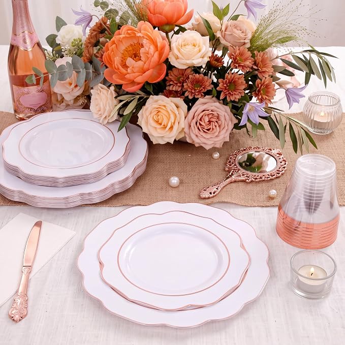 NOCCUR 175PCS Rose Gold Plastic Plates with Disposable Silverware - Include 25Dinner Plates, 25Dessert Plates, 25Forks, 25Knives, 25Spoons, 25Cups, 25Napkins for Party/Wedding/Birthday/Graduation
