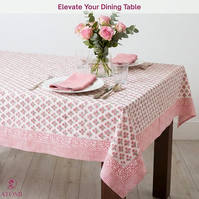 ATOSII Gulbahar White Pink 100% Cotton Spring Summer Square Tablecloth, Handblock Print Floral Table Cloth for Kitchen Dining Linen I Weddings, Outdoors, Easter 60 X 60 Inches I 4 Seater