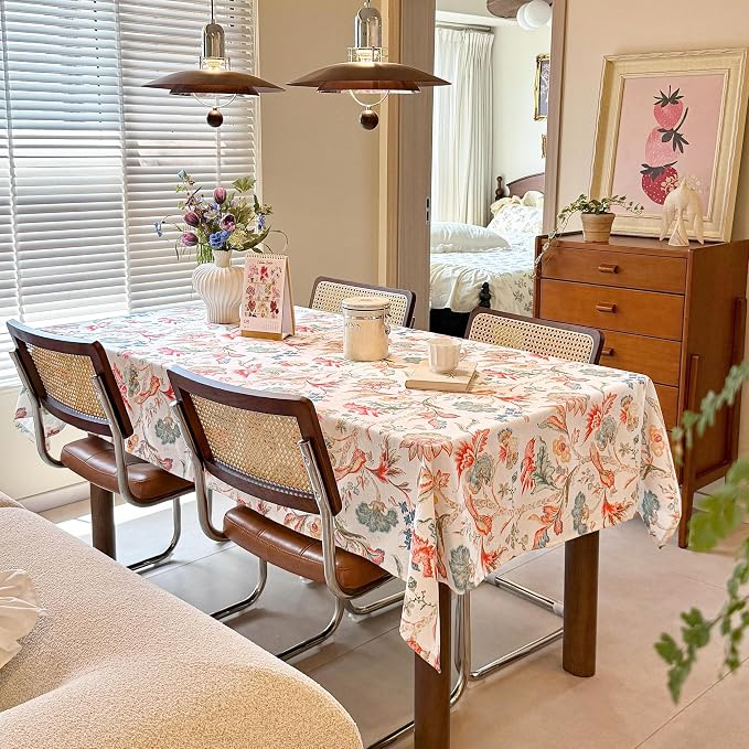 Rectangle Tablecloth, Linen Textured Wrinkle Free Waterproof Table Cloth, Flowers and Birds Fabric Table Cover for Outdoor, Farmhouse, Dining, Kitchen - Spring/Summer, 60 x 120 Inch