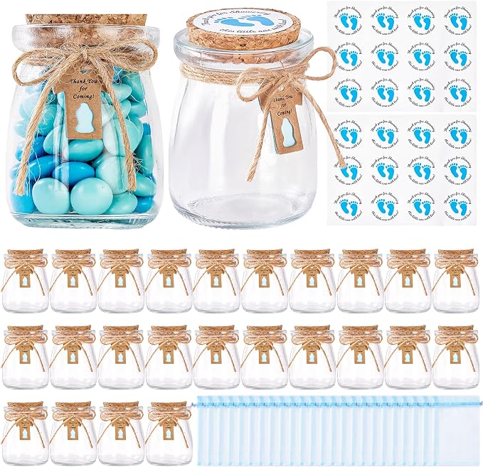 24 Pcs Baby Shower Party Favors for Guests, Baby Shower Gifts for Guest, 3.4 oz Small Glass Mason Jars with Cork Lids, Stickers, Label Tags, Twine, Organza Bags, Mini Candy Jar Favors for Boy