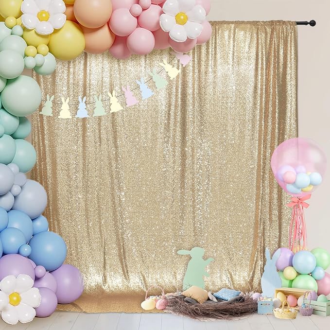 PartyDelight Light Gold Sequin Backdrop 6x7ft 4 Inch Rod Pocket | Dense 3mm sequins on mesh backing with 4 inch rod pocket for full body photos ceremony arches party walls and stage displays