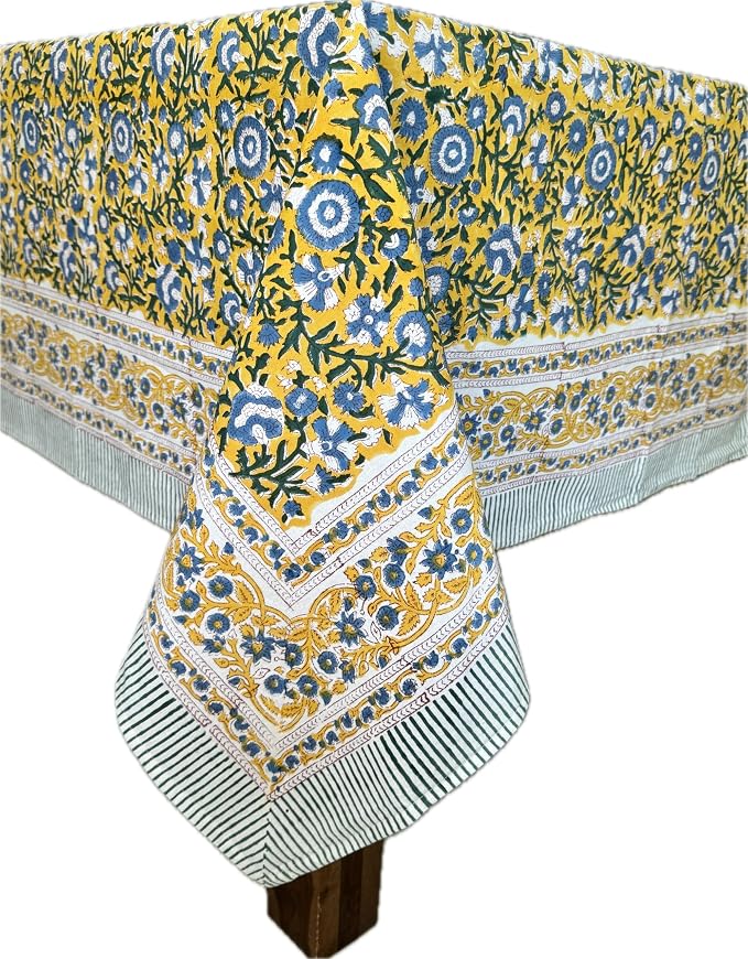 ATOSII Marigold Blue Yellow 100% Cotton Fall Tablecloth, Handblock Print Rectangle Table Cover for Kitchen Dining Linen I Parties, Weddings, Outdoors, Easter Table Decor 60 X 108 Inches I 8 Seater