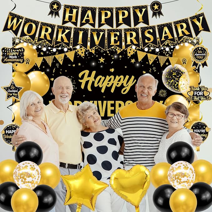 Vlipoeasn Happy Workiversary Banner Decorations for Women Men, Black Gold Work Anniversary Bacdrop Banner Honeycomb Centerpieces, Office Decor Staff Teachers Professors Doctor Nurses Workiversary