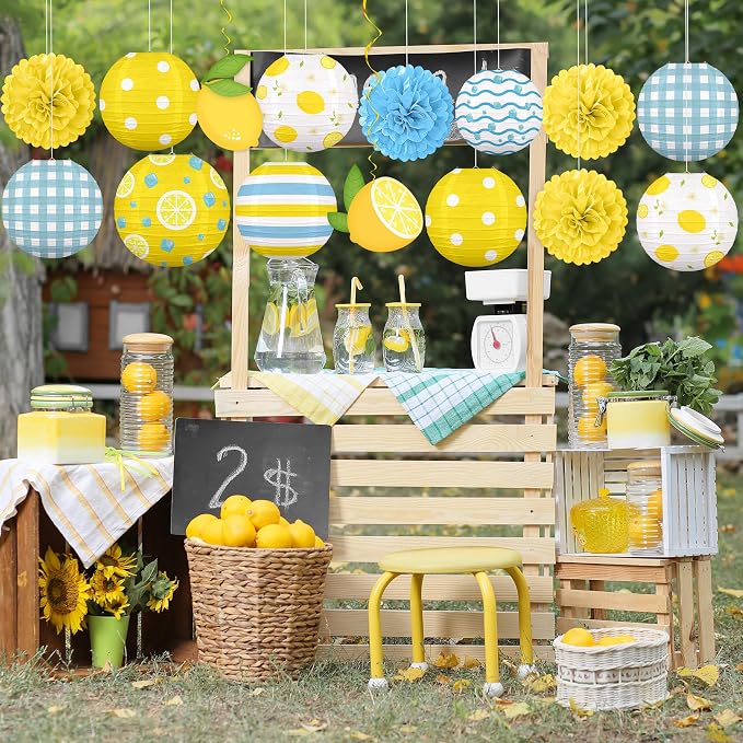 Renbuzhu 15PCS Summer Lemon Party Decorations Paper Lanterns Pom Poms Hanging Swirls Yellow Blue Theme Lemonade Stand Italian Decor for Birthday Home Backyard Indoor Outdoor