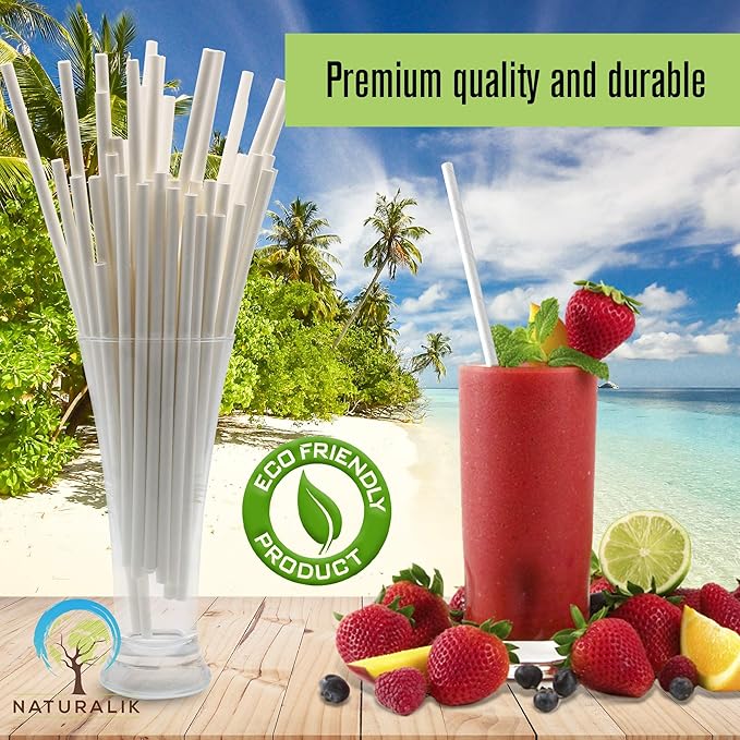 Naturalik 300-Pack Individually Wrapped Paper Straws - 100% Biodegradable Dye-Free Premium White Bulk Drinking Straws for Juices, Smoothies, Restaurant (Regular 7.7")