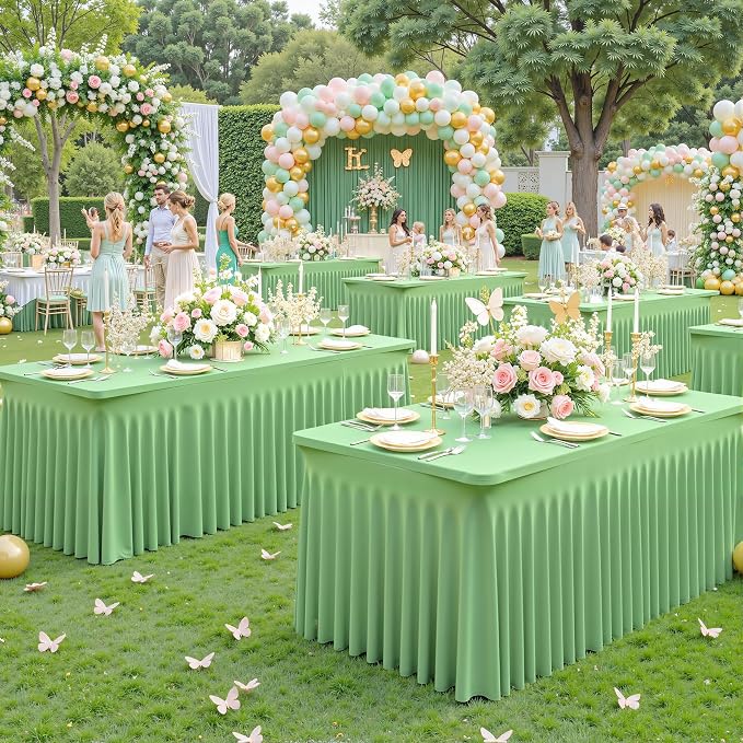 gogoparti 8 Pack Spandex Sage Green Fitted Table Cloth for 6ft Rectangle Tables Sage Green Stretch Tablecloth Table Covers Skirt Banquet Wrinkle Free Tablecloths for Parties Wedding