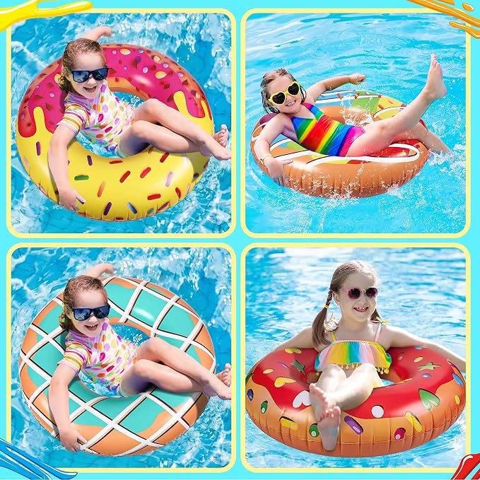 90shine 7-Pack Donut Pool Floats: Inflatable Floaties Rings and Beach Balls, Floating Tubes & Toys for Kids Adults, Swimming Beach Pool Party Decorations