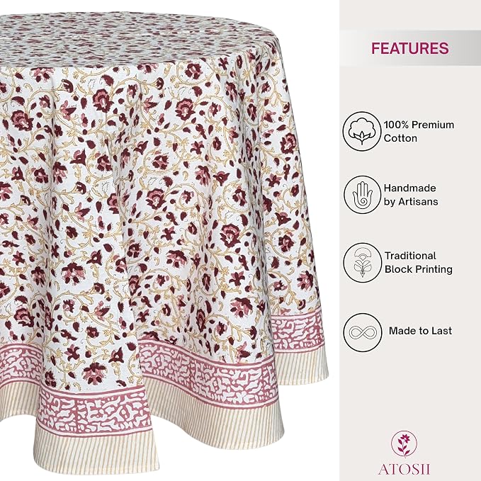 ATOSII Sophia 100% Cotton Round Boho Fall Tablecloth, Handblock Floral Table Cloth Linen for Kitchen Dining I Parties Weddings Outdoors Picnics Easter Mothers Day I 72" Inches Round I 4 Seater