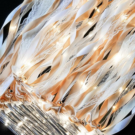 Unittype Light up Wand for Wedding Silk Streamer with Bell LED Fairy Ribbon Fairy Wand Glow in the Dark Flashing Lace Stick for Wedding Birthday Party Favor(48 Pieces,Champagne & Warm White LED)