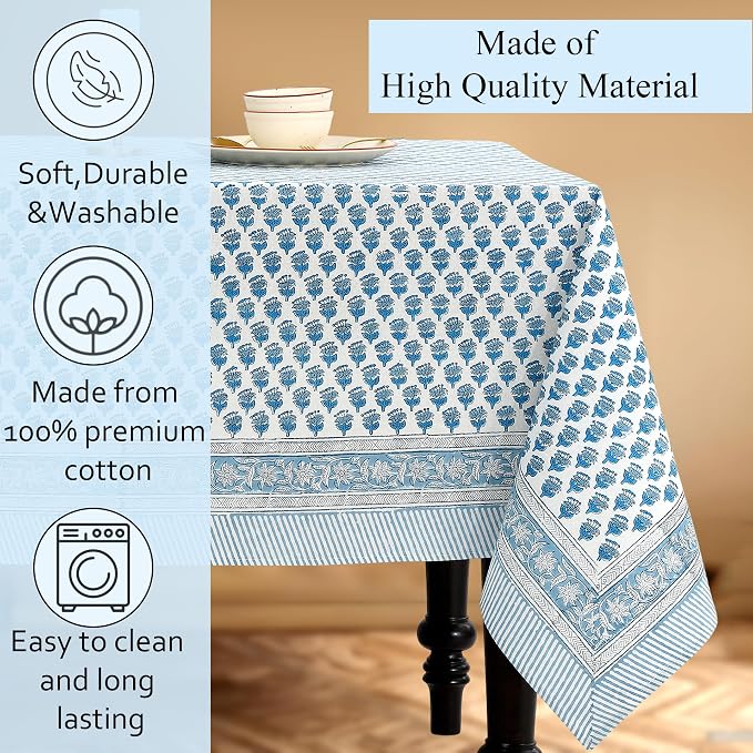 CPC Tablecloth 100% Cotton 60x60 Inch Indian Block Print Square Table Cover, Table Cloth for Weddings, Spring/Summer, Barbeque - Apatite Blue