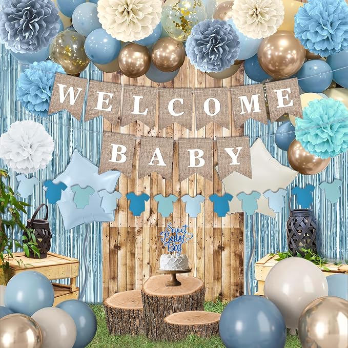 Dusty Blue Baby Shower Decorations, Boy Baby Shower Decor Set with Welcome Baby Banner, Paper Pom Poms, Sweet Baby-Boy Cake Topper, Fog Blue White Gold Balloons, Boho Baby Boy Shower Party Supplies