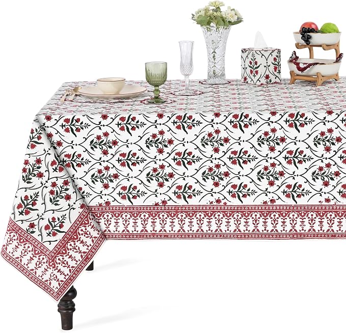 Ridhi Ruby Red Hand Block Print Cotton Rectangle Tablecloth 90" x 60" inches Reusable Table Cover Decorative Everyday Use for Dining Room, Farmhouse, Home Gift for Spring, Mother's Day