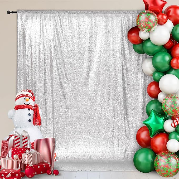 PartyDelight Silver Sequin Backdrop 8x8ft 4 Inch Rod Pocket | 3mm stitched silver sequins on mesh backing with 4 inch rod pocket for group photos wedding walls stages and banquet focal