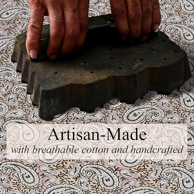 Ridhi Royal Beige Hand Block Print Cotton Rectangle Tablecloth 108" x 60" inches Reusable Table Cover Decorative Everyday Use for Dining Room, Farmhouse, Home Gift for Spring, Mother's Day