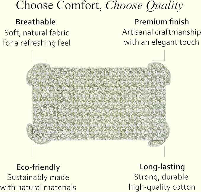 CPC Olive Bloom Tablecloth 100% Cotton 72x160 Inch Indian Block Print Rectangle Table Cover, Table Cloth for Gifting in Weddings, Halloween, Fall, Christmas, Thanksgiving