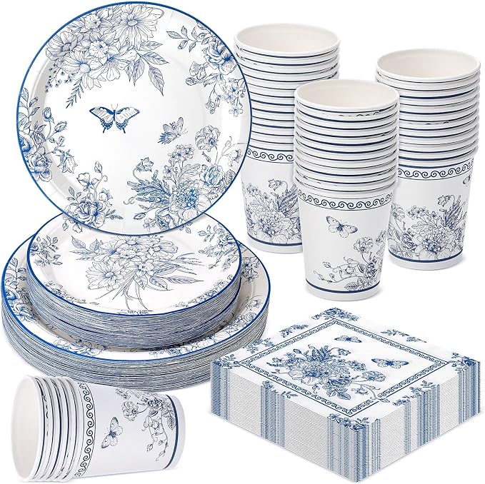 Pickmesh 250 Pcs Blue Floral Party Disposable Tableware Set Paper Plates and Napkins Cups Supplies Tea Party Theme Dinner Dinnerware for Birthday Bridal Baby Shower wedding Decoration Serves 50