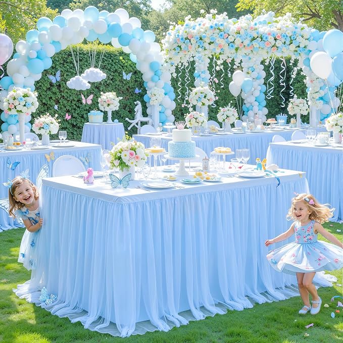 Baby Blue Table Cloth for 6 Foot Rectangle Tables, Stretch Fitted Tulle Table Covers Skirt, Rectangular Ruffle Tutu Tablecloth Wedding Baby Shower Baby Shower Cake Tablecloths Decorations