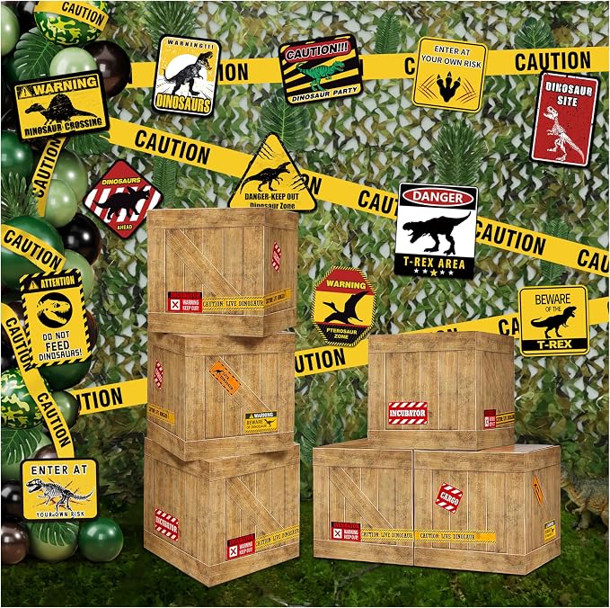 BORAMDO Jurassic Park Birthday Decorations, Dinosaur Centerpieces Party Supplies, Themed Boxes, Camo Netting, Paper Signs, Artificial Leaves, Yellow Caution Tapes
