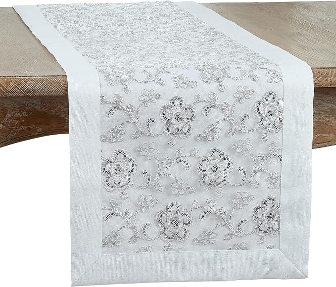 SARO LIFESTYLE Floral Embroidered Table Runner, White, 16"x54"