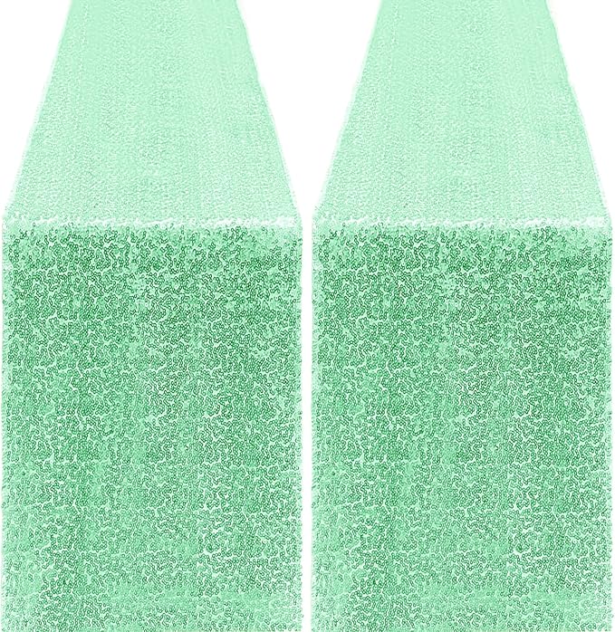 2 Packs 12 x 72 inches Sequin Table Runner, Mint Green Glitter Table Runner for Birthday Party Supplies Wedding Engagement Baby Shower Holiday Celebration Event Decorations